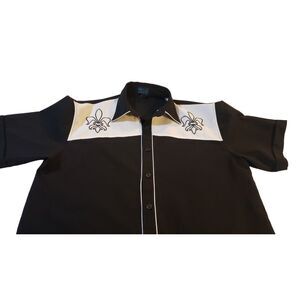 MT:2 Mens Black‎ White Fleur De Lis Button Down 100% Polyester Size Large L